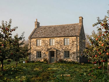 Historic stone house nestled in a fog-bound apple orchard, low golden light of late September, candid and observational.