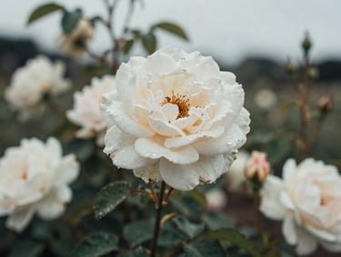 Close-up of heirloom roses in a Victorian garden, dew on petals, soft overcast daylight, muted colors, authentic texture