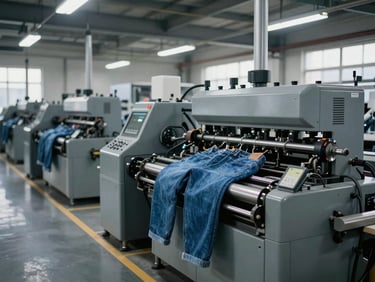 Wide shot of a modern denim factory floor with machinery in operation, cool diffused daylight, organized.