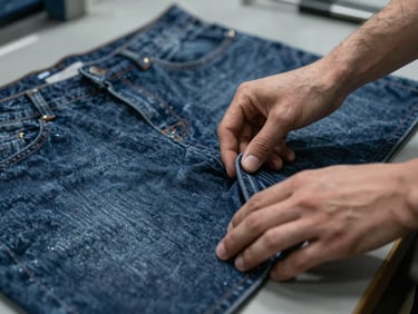 Close-up of hands inspecting a denim prototype on a workbench, cool industrial light, sharp detail.