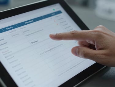 Close-up of a hand pointing to a line item on a digital tablet, reflecting sourcing data, cool light.