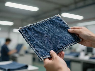 Hands holding up a denim fabric sample for inspection in a factory setting, cool overhead lighting.