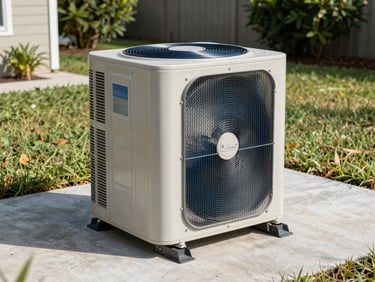 A brand new high-efficiency SEER2 condenser unit sitting on a clean concrete pad in a Cape Coral yard, bright daylight.