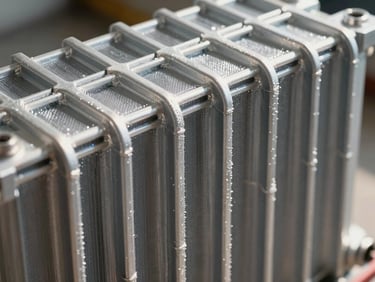Close-up of clean aluminum condenser coils treated with protective anti-corrosive coating, sharp sunlight.