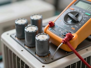 Macro close-up of a technical multimeter testing a clean electrical capacitor inside an AC unit condenser pad.