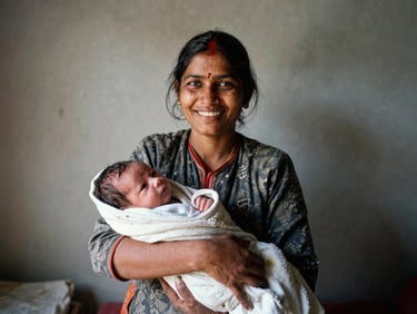 A local Kumaoni woman smiling warmly, holding a newborn wrapped in a clean blanket inside a sunlit room.