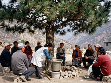 A group of villagers gathered under a large pine tree, listening attentively to a health worker demonstrating water filtration.