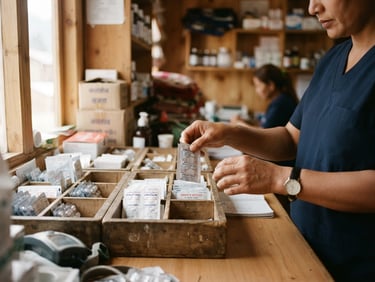 Hands of a healthcare worker carefully organizing medicine packets inside a mobile clinic, warm natural light, 35mm