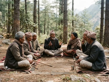 A group of village elders sitting in a circle in a sunny clearing surrounded by tall pines, natural soft daylight, authentic community gathering, 35mm