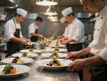 A busy but orderly restaurant kitchen during service, chefs plating dishes under warm pendant lights, soft focus on the foreground plate