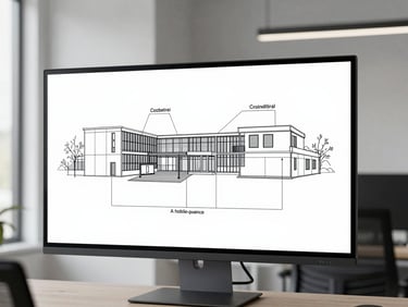 A clean architectural system diagram displayed on a high-resolution screen in a minimalist enterprise office, cool natural lighting, sharp focus.