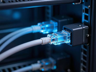 Macro close-up of high-speed network fiber optic cables glowing with cool blue light inside a dark server cabinet