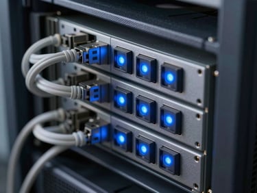 Macro close-up of premium server rack hardware, blinking cool blue LED indicators, clean structured cabling, crisp professional lighting.