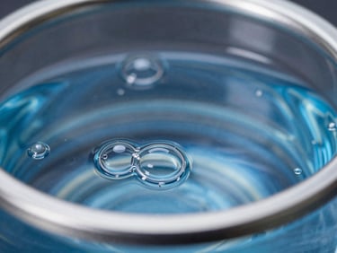 macro close-up of stable nanobubbles forming at a gas-liquid interface within a transparent fluid system, sharp industrial product photography, crisp directional studio lighting, metallic steel and safety blue tones, macro lens, high contrast