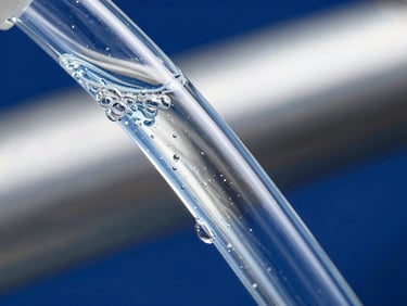 Macro shot of nanobubble-infused water stream in a clear pipe, subtle blue tint, sharp industrial product photography, crisp directional studio lighting, metallic steel and safety blue tones, high contrast