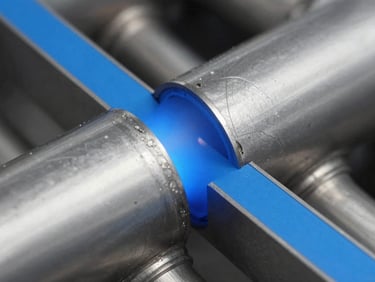 laser-assisted fluid flow visualization (PIV) diagram, showing high-velocity boundary layer shear in a stainless steel manifold, sharp industrial product photography, crisp directional studio lighting, metallic steel and safety blue tones, macro lens, high contrast
