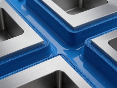 Cross-section render of fluid flow through a complex manifold, showing distinct boundary layers, technical schematic, sharp industrial product photography, crisp directional studio lighting, metallic steel and safety blue tones, high contrast