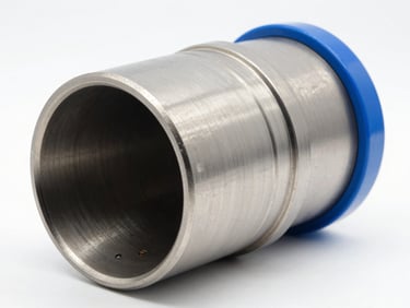 High-resolution cross-section render of a precision-machined jet nozzle, showing smooth fluid flow paths and no cavitation bubbles, stark studio lighting, metallic steel and safety blue accents.