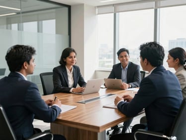 Sunlit collaborative meeting room in Bengaluru with modern wooden table and glass walls, bright natural daylight, 35mm lens.