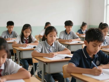 Documentary-style editorial photography of a local classroom in natural overcast daylight, students focused on desks, authentic environmental framing, 35mm