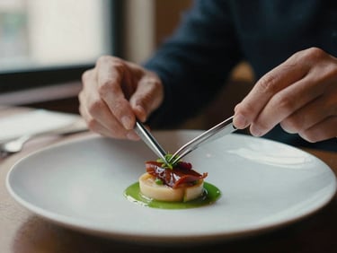 Close-up of hands plating a delicate culinary dish with tweezers under warm bistro lighting, shallow depth of field, 35mm film.