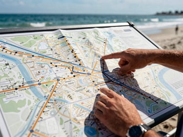 Tight shot of a logistics coordinator's hands pointing at a detailed schematic map of Jacksonville transit corridors, crisp morning coastal daylight, high-contrast, 35mm.