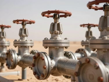 Close-up detail shot of heavy industrial water filtration valves under bright afternoon desert sun, metallic textures, sharp focus