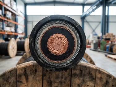 Macro technical close-up of heavy-duty high-voltage electrical cable drum, showing copper core and thick insulation layers, bright industrial warehouse lighting, sharp details