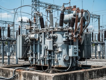 Industrial close-up of a massive heavy-duty electrical transformer on a concrete pad, sharp details, bright daylight, 35mm lens
