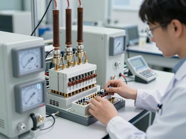 Industrial testing laboratory with high-voltage equipment, calibration meters, and certified technicians testing electrical components, cool lighting, sharp details