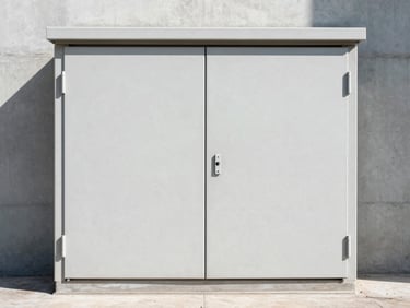 Concrete utility vault on-site, ready for installation, industrial environment, daylight