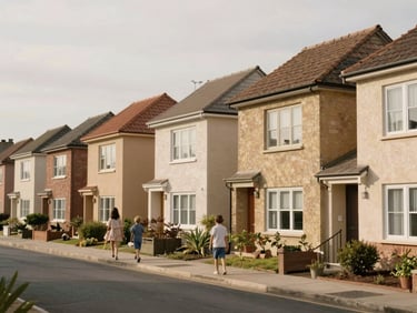 Modest, authentic residential streetscape with warm-toned family homes under soft overcast daylight, quiet neighborhood view, 35mm lens, realistic architecture
