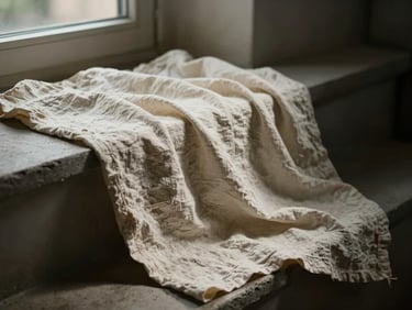 Close up of heavily textured off-white linen fabric draped over a concrete ledge, dramatic side light.