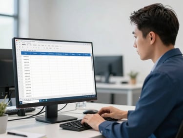 A professional compliance officer reviewing audit logs on a high-resolution desktop monitor, clean office setting, sharp focus