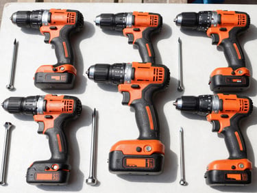 Top-down flat lay of professional-grade power drills and steel hand tools on a clean workbench, bright natural daylight, high contrast.