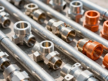 Clean industrial photography of commercial plumbing fittings and electrical conduits, high-key lighting, sharp focus.