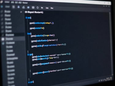 High-contrast cool-toned close-up of clean IDE code interface on a monitor, deep shadows with sharp electric blue accents, 35mm macro focus.