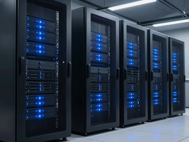 Server racks with glowing electric blue indicators in a dark cool-toned data center, wide-angle, clean environment