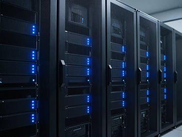 Wide-angle clean server room with glowing electric blue indicators on server racks, deep charcoal shadows, cool-toned technical photography, 35mm
