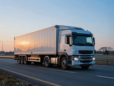 Wide environmental shot of a modern cargo truck on an open highway at dawn, cool blue tones with warm orange morning light, crisp daylight focus