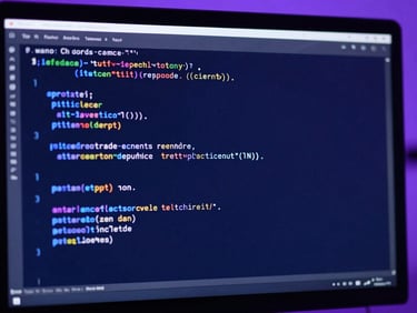Close-up of clean code on a monitor with soft purple backlighting, 35mm tech-editorial.