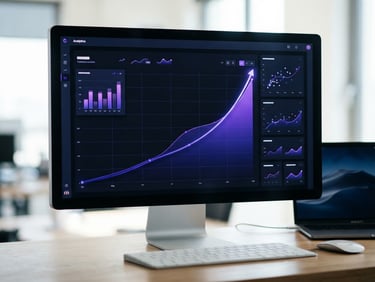 A clean analytics dashboard interface showing a steep positive growth curve with deep indigo and purple accents, tech-editorial style.