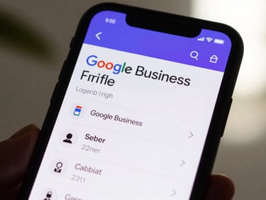 Close-up of a smartphone screen showing a highly rated Google Business Profile local listing, natural light.