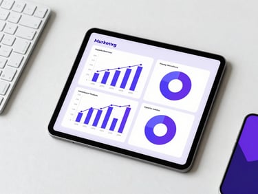 A modern workspace flatlay with a tablet displaying positive marketing analytics charts, crisp daylight.