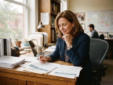 A warm environmental portrait of Tressa Pankovits at a wooden desk with policy documents, soft natural window light, thoughtful expression, 35mm lens.