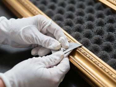 Macro close-up of hands in white cotton gloves carefully wrapping the corner of a heavily carved gilded frame in dense archival foam, soft natural side light, shallow depth of field.