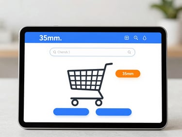 A modern tablet displaying a clean, minimalist digital shopping cart checkout screen, high-key lighting, soft blue accents, 35mm