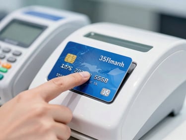 Close-up of a hand tapping a credit card on a modern white payment terminal, bright natural daylight, clean commercial look, 35mm