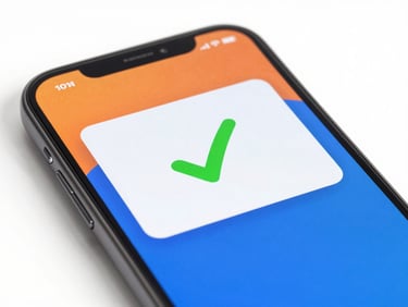A close-up of a sleek smartphone showing a successful payment confirmation screen with a green checkmark, bright studio lighting, 35mm