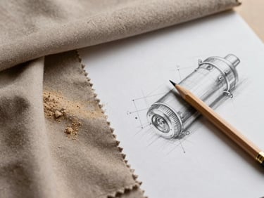 Detailed flat-lay of neutral fabric swatches in soft sand and warm taupe next to a technical pencil sketch on drafting paper